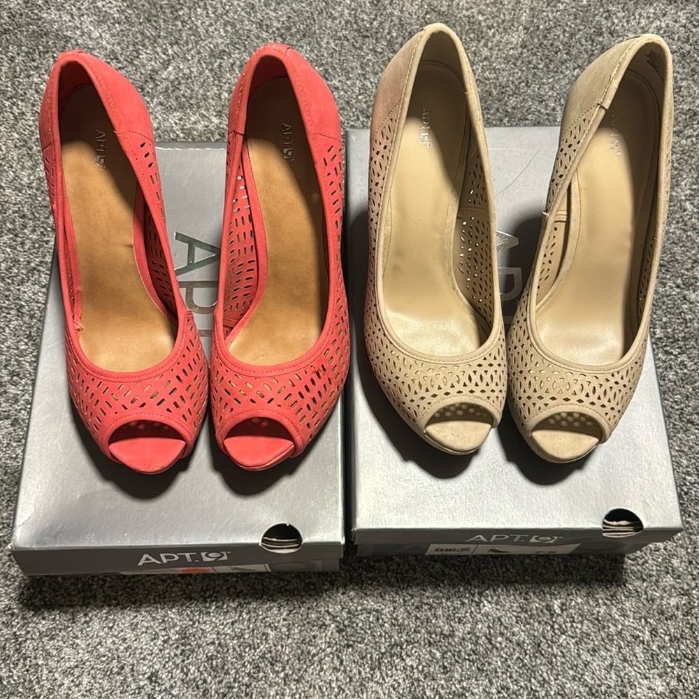 2 Pairs of Suede 7.5 Stiletto Heels Cream and Coral 5” Heel
